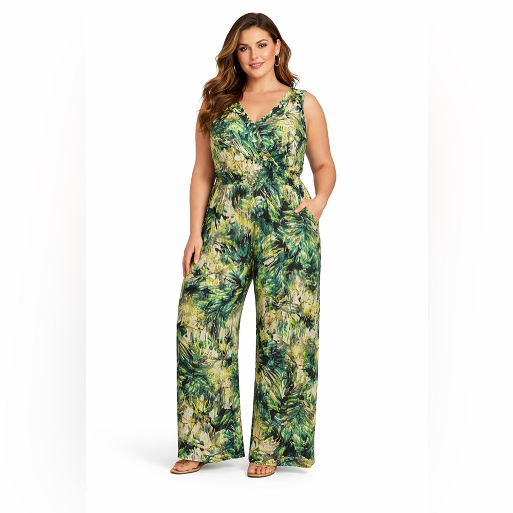Marcelle Margaux Tropical Floral Green Sleeveless Wide Leg Jumpsuit 3X